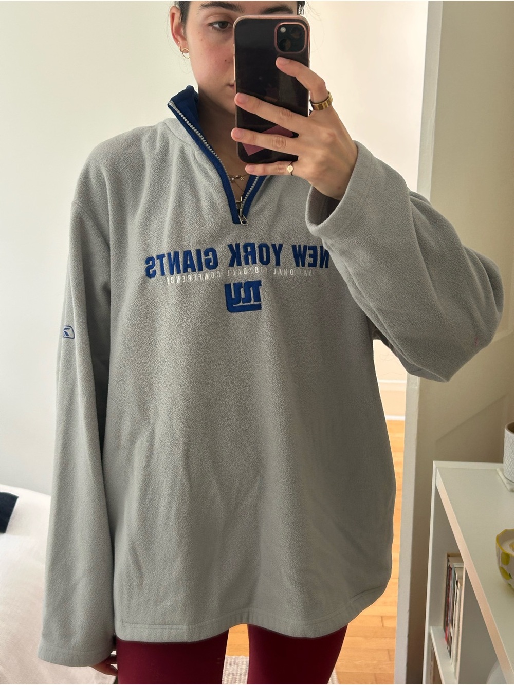 Reebok Grey Fleece Quarter-Zip with Blue Trim - New York Giants Logo